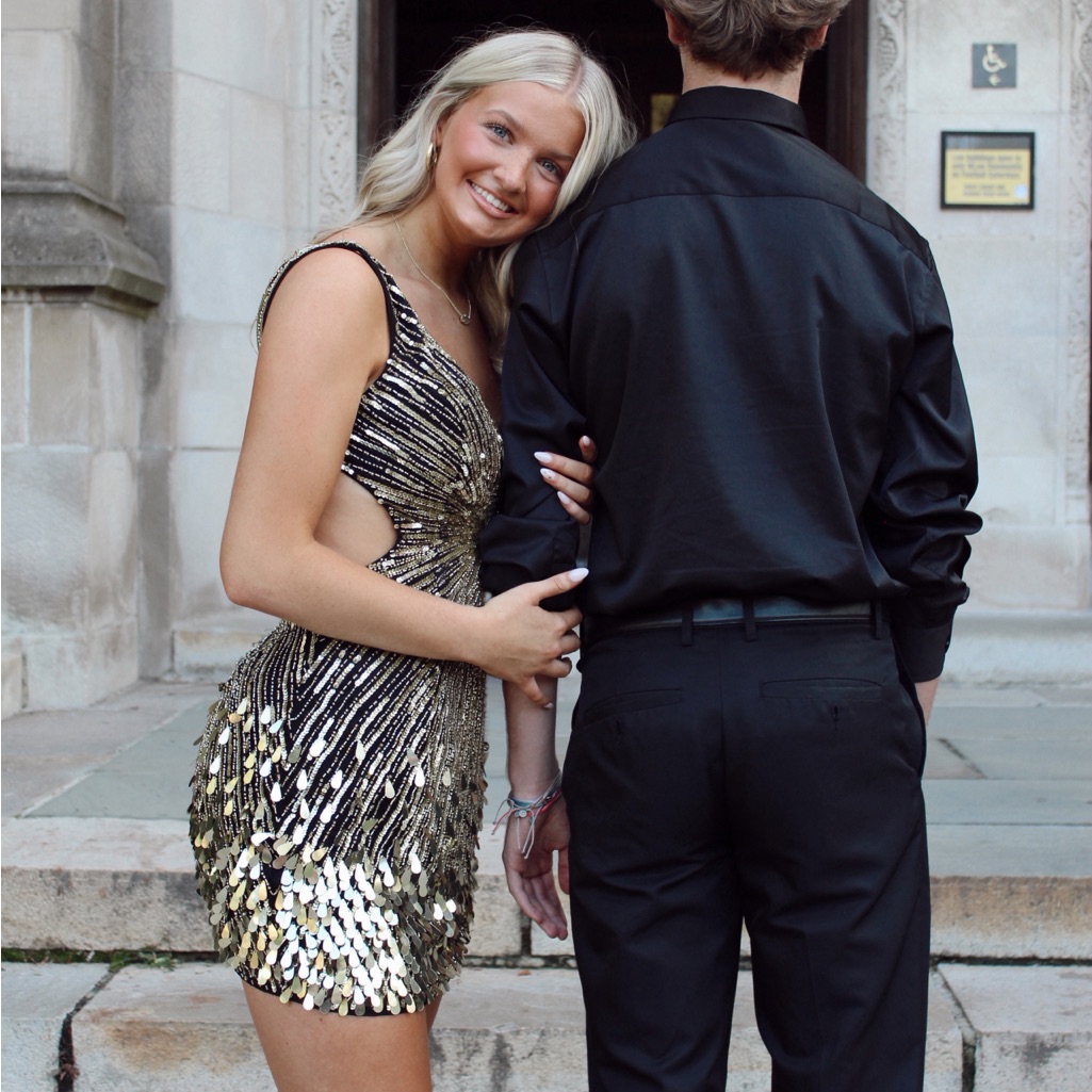 Sherri Hill Gold And Black Sequin Mini Dress